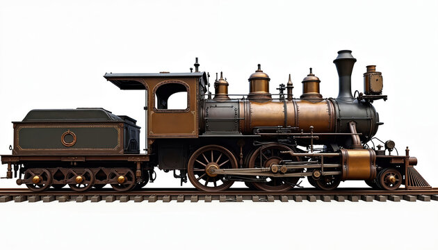 Steam locomotive on white background. Old train with retro design, vintage railway transport. Classic locomotive with intricate ironwork design. Represents travel, transport history, features train