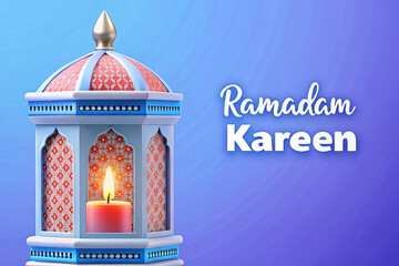 Naklejka premium Ramadan Kareem greeting with ornate lantern and candle.