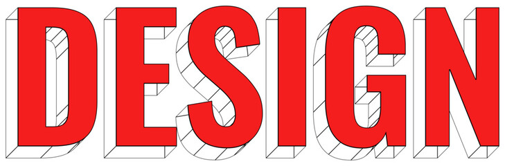 Design lettering with red silhouette and black isometric contour on transparent background