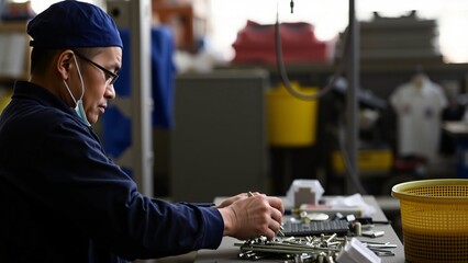 Focused Factory Worker Assembling Small Parts