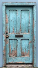 A rustic wooden door, its aged paint peeling away, revealing the raw, unpolished texture beneath, capturing the beauty of imperfection. 
