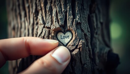 Embracing love hand-carved heart in tree bark nature's art forest setting close-up perspective romantic concept