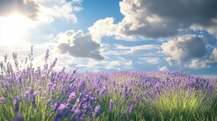 Naklejka premium Serene lavender field under a cloudy sky, a peaceful landscape for relaxation