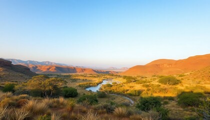 Obraz premium Scenic river journey through golden landscape namib desert nature photography warm environment panoramic view adventure concept