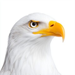 Obraz premium Striking bald eagle featuring a prominent yellow beak and elegant white head against a crisp white background