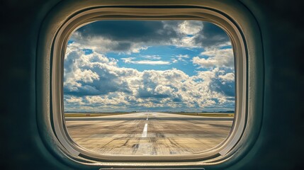 Naklejka premium Departure view from airplane window airport runway travel photography cloudy sky aerial perspective adventure