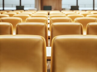 Fototapeta premium A modern conference room featuring rows of empty yellow chairs, creating a clean and organized atmosphere for meetings or presentations.