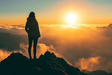 Obraz premium Woman Standing on Mountain Peak During Sunrise Over Clouds