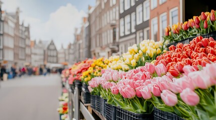 Fototapeta premium Colorful Tulips for sale on Amsterdam's street market, shoppers blur, tourist, editorial use