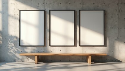 Three blank posters with black frames hang on concrete wall in art gallery with wooden bench. Natural light coming through window. Minimalist design for advertising, canvas mockup presentation.