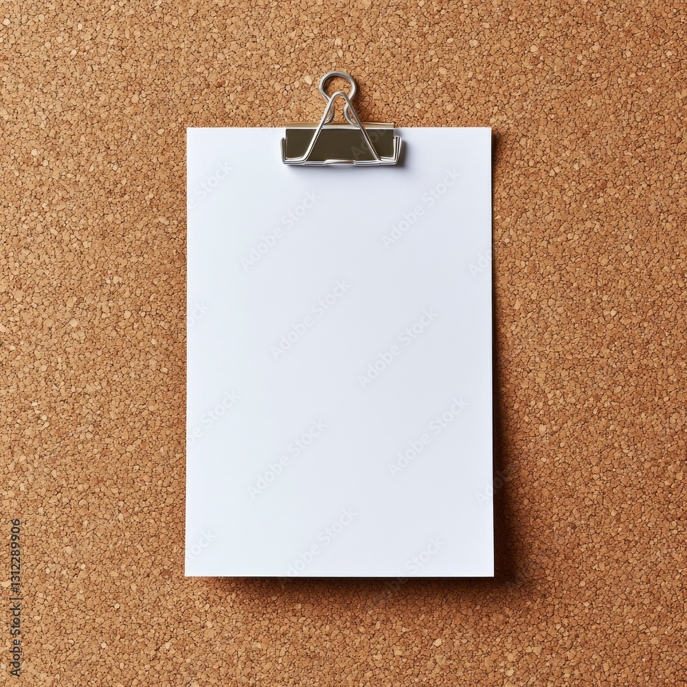 Poster Bright and clean, a blank sheet of paper is clipped securely to a textured corkboard, inviting creativity and thoughtful planning in a cozy workspace at any time of day