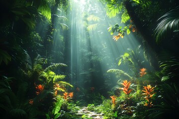 Obraz premium A Lush Rainforest Scene with Thick Foliage, Tropical Plants, and Vibrant Greenery, Creating a Serene and Immersive Jungle Atmosphere Full of Life and Natural Beauty