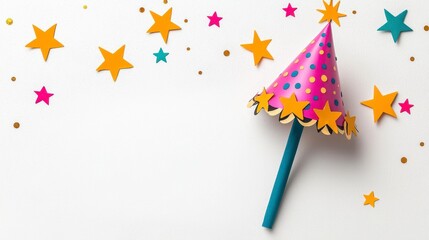 Festive party hat with colorful confetti on a white retirement banner featuring star shapes isolated for a celebration