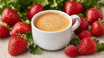 Drink surrounded by fruit on table. Foliage background. For advertising healthy lifestyle