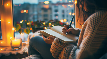 A person journaling in a cozy space with soft lighting and calming surroundings, representing self-care and mental health awareness on World Health Day.