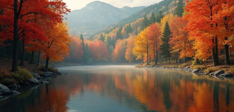 Colorful forest during autumn season. Lake reflects trees with yellow, orange, red leaves. Calm river flows mountains. Misty fall nature scenery. Woodland with foliage, reflection, water.