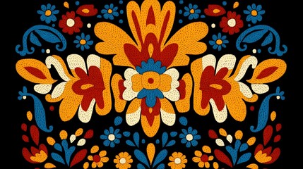 Floral embroidery in center, dark background. Folk pattern. For fabric print or textile