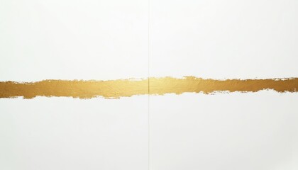 Golden line divides empty white paper creating two different sections. Modern minimalist design element. Brushstroke paint texture. Luxury elegant concept. Horizontal orientation. Copy space template