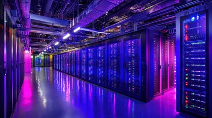Fototapeta premium Illuminated Server Room: A Glimpse into the Digital Core