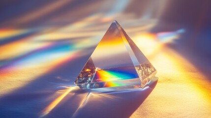 Fototapeta premium A triangular shaped crystal is sitting on a white surface. The crystal is reflecting light and creating a rainbow effect