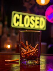 Cigarette butts fill a glass on a dimly lit bar counter with a "Closed" sign glowing in the background. Concept of nightlife cessation and smoking. For illustrating nightlife themes.