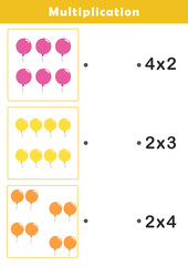Fun Multiplication Worksheet for Kids. Matching Pictures for Children. Educational activity with cute balloon illustration. Educational fun game for children.