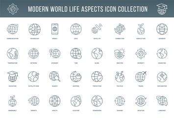 global life communication technology collection modern line icons, globe diversity time weather