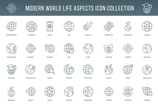 global life communication technology collection modern line icons, globe diversity time weather