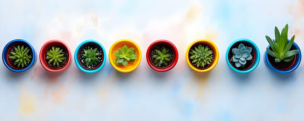 Colorful succulents in pots, overhead