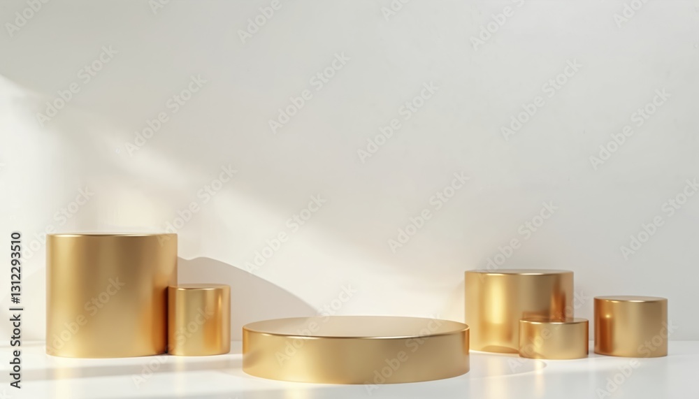 Fototapete 3d render of geometric gold cylinder pedestal podium platforms. mockup design empty space for produc