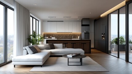 Fototapeta premium Modern Open-Plan Living Space with City Views