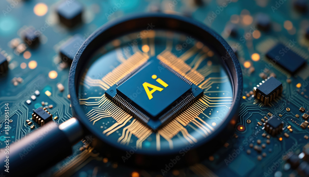 Poster Close-up shot of AI microchip being examined with magnifying glass on circuit board. Futuristic tech concept, artificial intelligence, machine learning, data processing, modern technology, innovation.