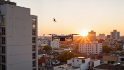 Unmanned drone soaring above urban skyline at sunrise, technological innovation