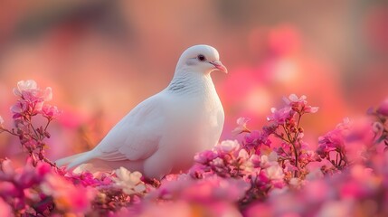 a beautiful white dove nestled among colorful flowers creating a peaceful scene