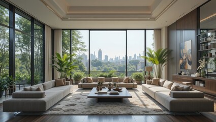 Spacious Modern Living Room with Large Windows Overlooking City Skyline and Lush Greenery