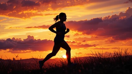 Silhouette of a Woman Running at Sunset with Dramatic Clouds and Vibrant Sky in the Background