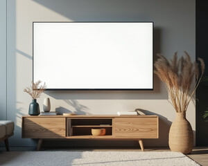 large blank screen television on a wall above a wooden console