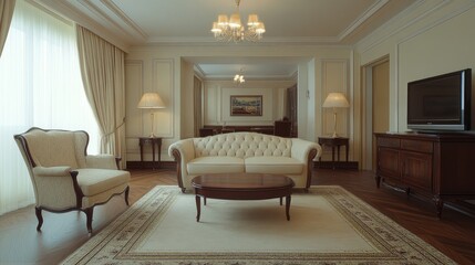 Fototapeta premium Elegant Living Room Interior Design, Luxurious Apartment Suite with Classic Furniture