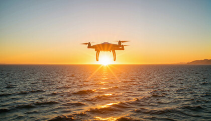 Unmanned drone soaring over ocean at sunset, technological exploration