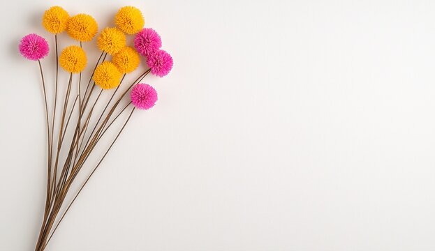 Bunch of dried yellow and pink flowers with long stems arranged on a clean white background for fresh aesthetic appeal