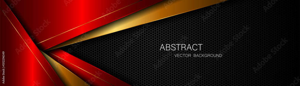 Poster Abstract red and gold polygon with golden lines on dark steel mesh background with empty space for design. modern technology innovation concept background	