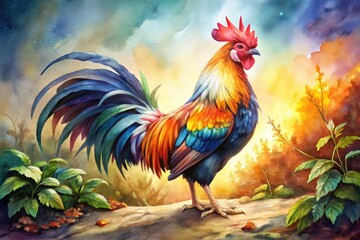 Fototapeta premium Exotic Rooster Watercolor Landscape Background - Artistic Bird Painting Illustration