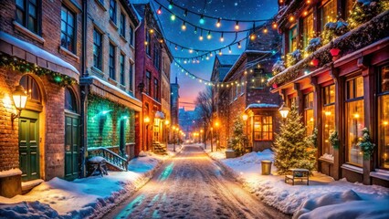 Obraz premium Festive Snow-Covered City Street at Night, Urban Exploration Photography, Illuminated Winter Wonderland