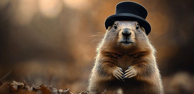 A whimsical groundhog in a top hat symbolizes Groundhog Day, perfect for themed promotions, spring events, and greeting cards celebrating seasonal change.