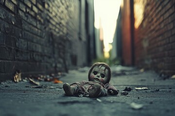 A doll is laying on the ground in a dark alleyway