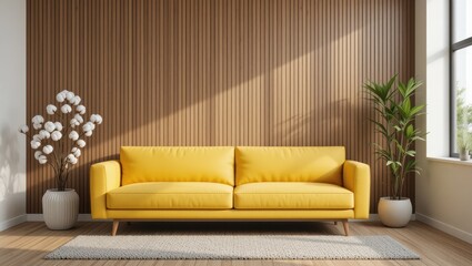 Bright Yellow Sofa in a Modern Living Room with Wood Paneling and Natural Light