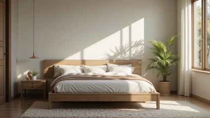 Bright and Spacious Minimalist Bedroom with Wooden Furniture and Natural Light from Windows