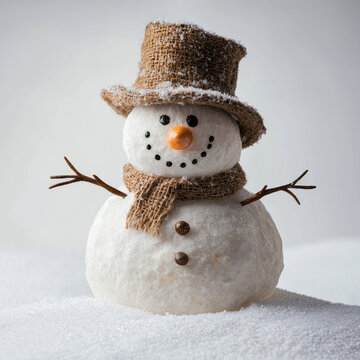 Charming snowman with burlap hat and scarf, nestled in snowy landscape