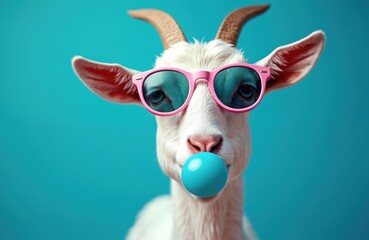 Portrait of goat blowing bubble gum, wearing pink sunglasses on blue background. Goart looks camera. Funny animal with cool hipster shades chews bubblegum. Positive emotions, joy and fun.