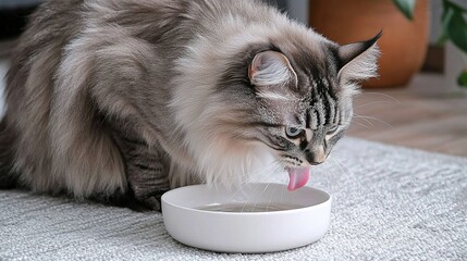 Close up Long haired cat eating organic food from a bowl. Cat eating dry food from white bowl at home. Feeding your pet. Animals and pets feed concept